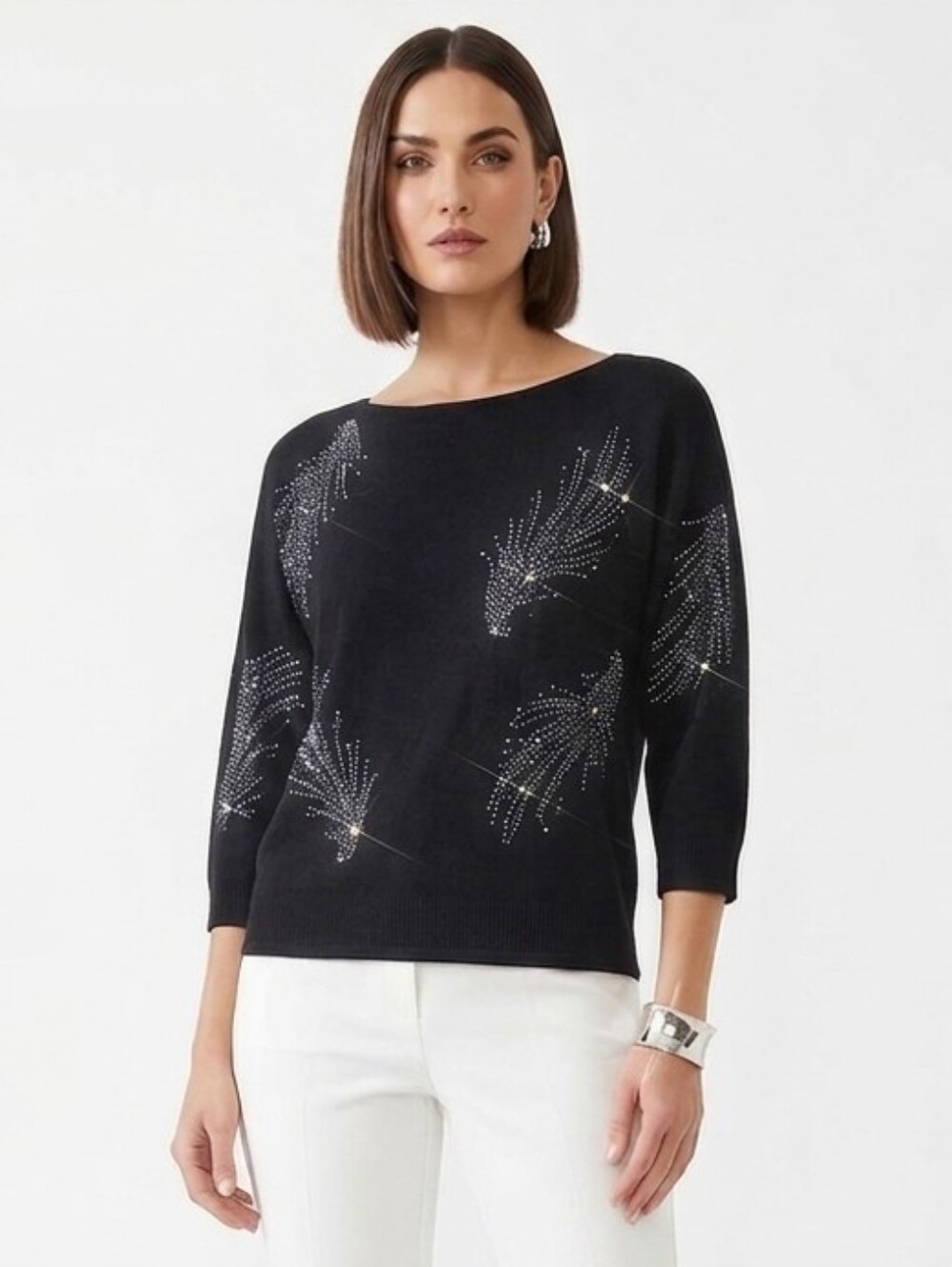 Black Crystal-Embellished Scoop Neck Sweater Top LP